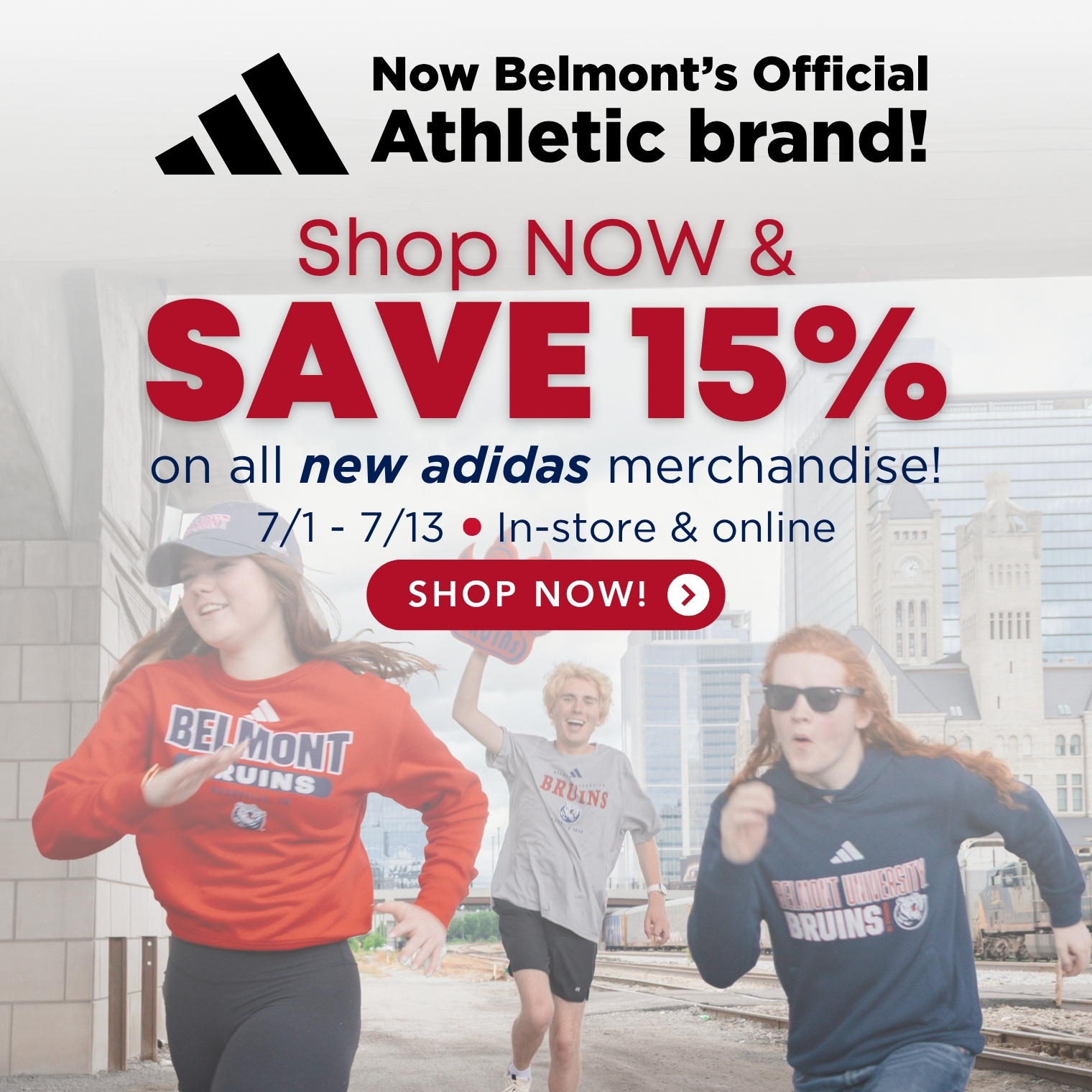 3 students wearing new BruinShop Adidas apparel and running. Click here to shop and save 15%