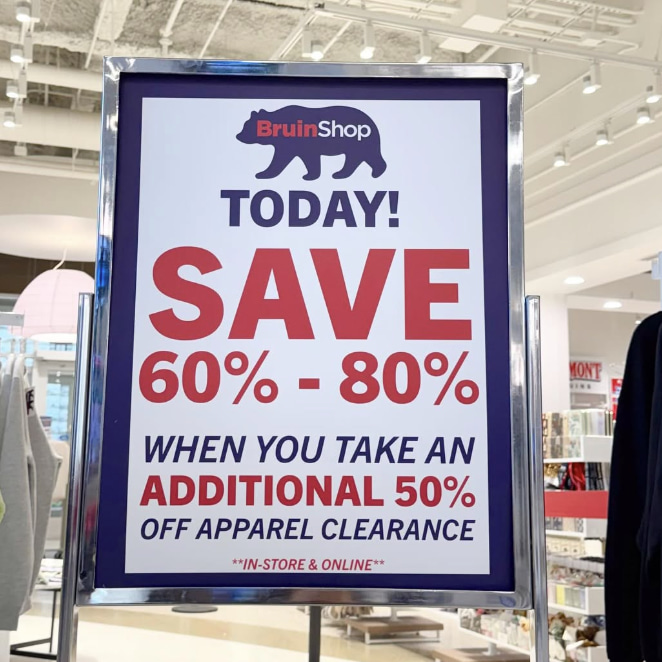 Sign that reads 'Save 60-80 percent when you take an additional 50% off apparel clearance'. Click to view Instagram post