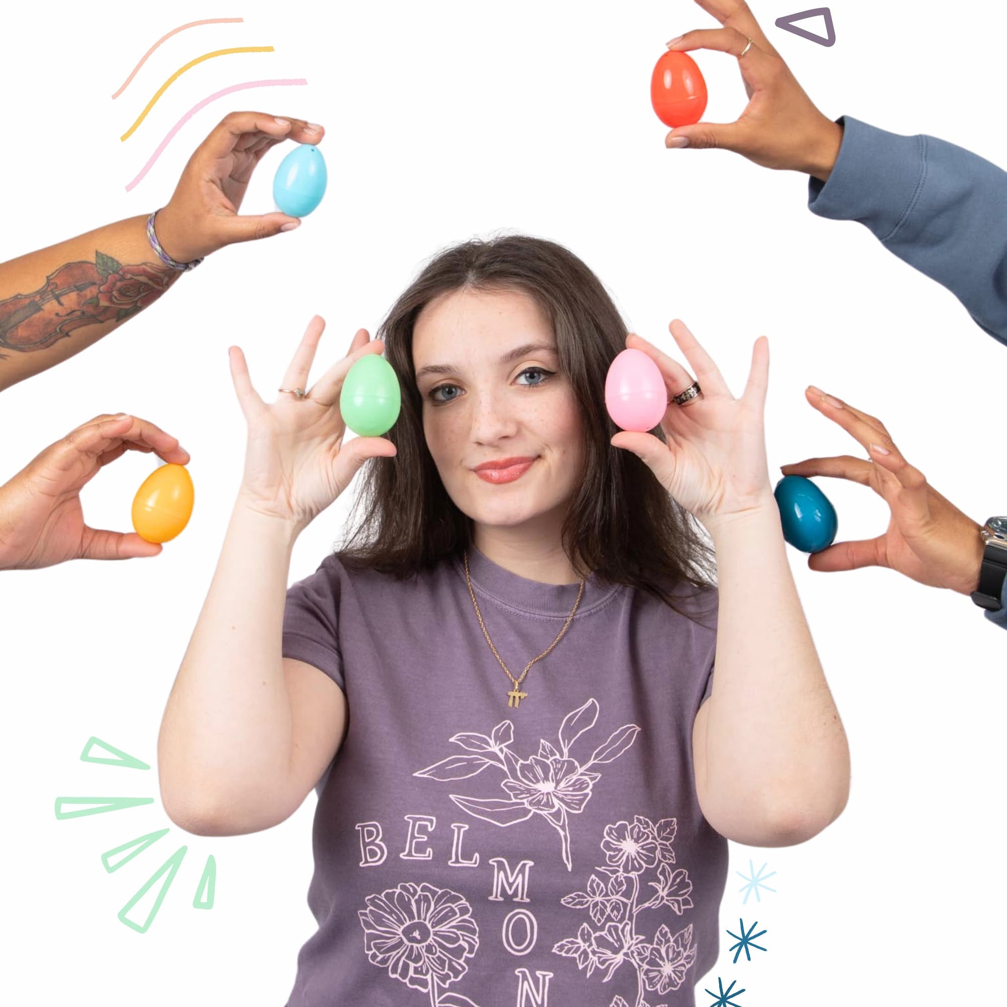 Girl holding two plastic eggs up to her face with four hands holding eggs around her. Click to view Instagram post