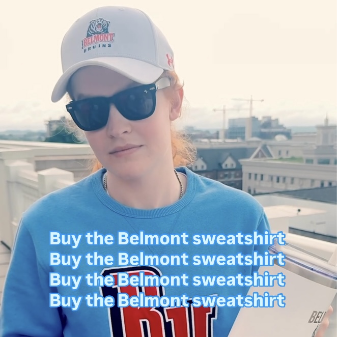 Text reading 'buy the Belmont sweatshirt' repeated 4 times and a woman wearing a BruinShop sweatshirt. Click to view Instagram post