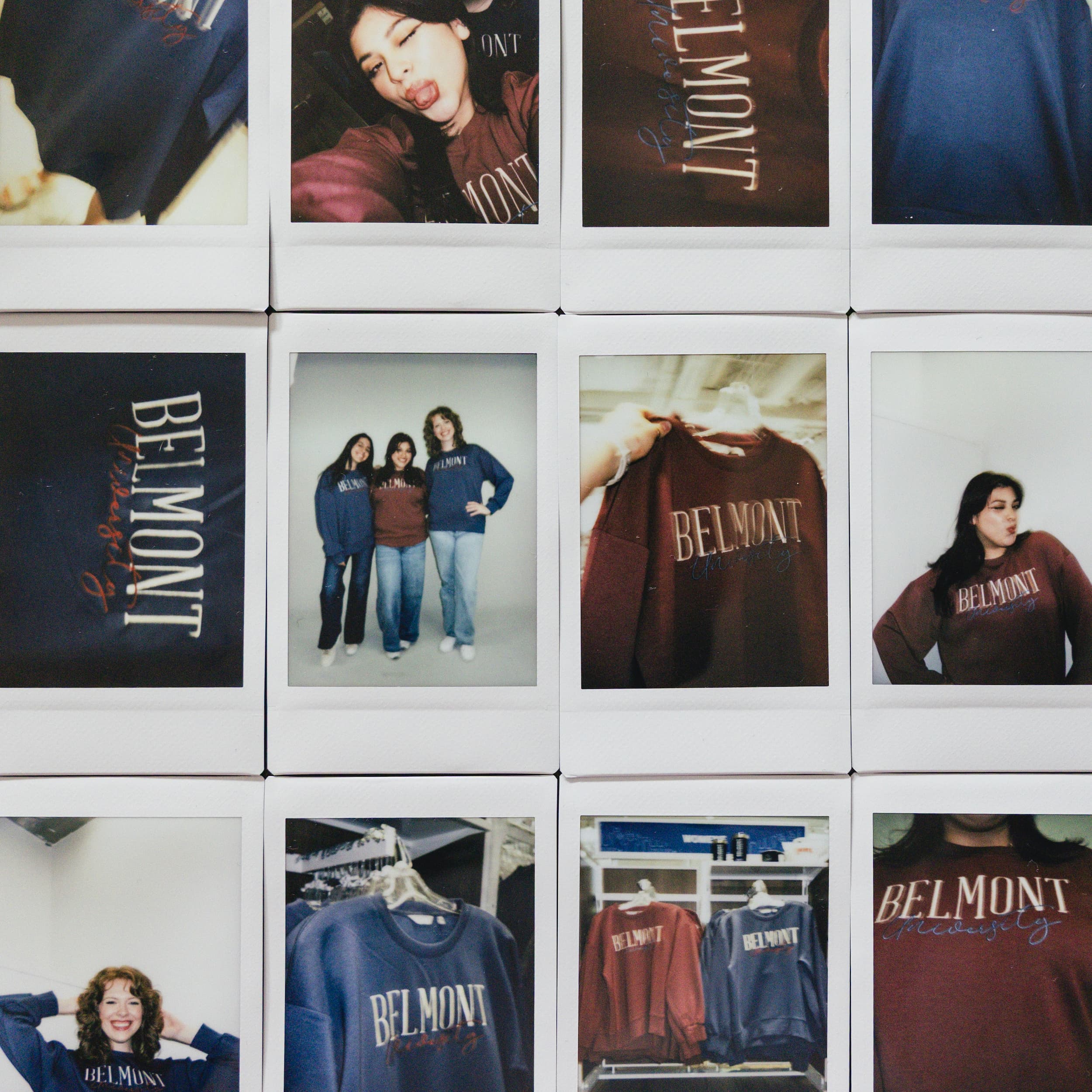 Polaroid style photos of women wearing different BruinShop sweatshirts. Click to view Instagram post