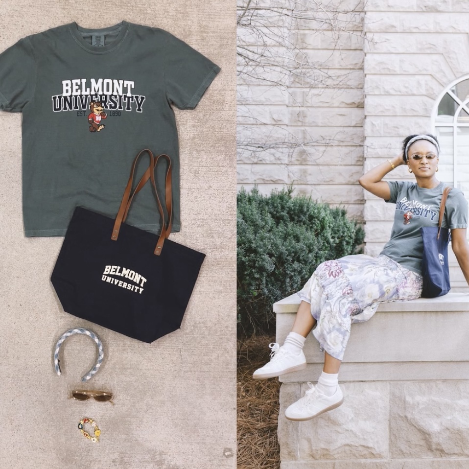 Girl sitting on a ledge wearing BruinShop a BruinShop tee, headband, sunglasses, bracelet, and tote bag. Click to view Instagram post