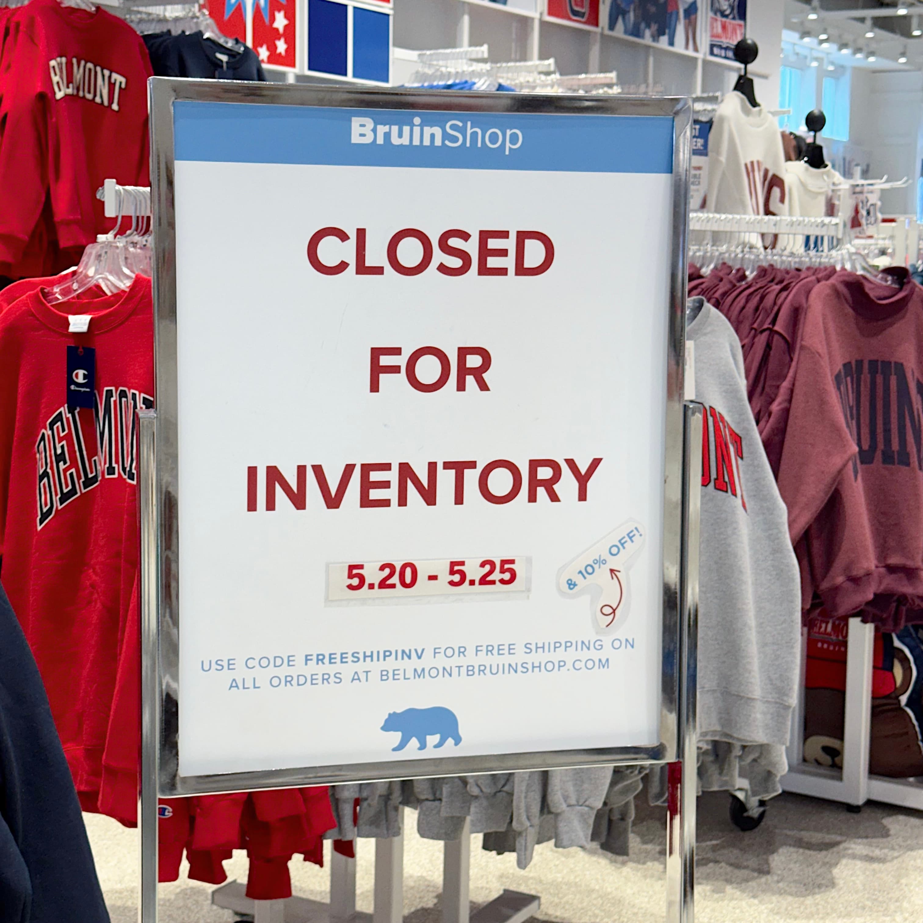 Sign announcing BruinShop store hours for 2026 inventory. Click to view Instagram post