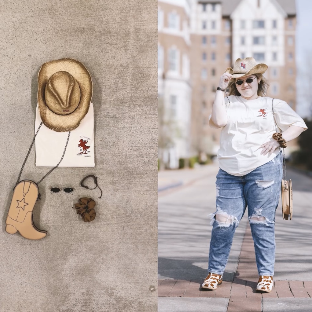Vertically split photo showcasing cowboy themed Belmont apparel on the left and a woman wearing them on the right. Click to view Instagram post