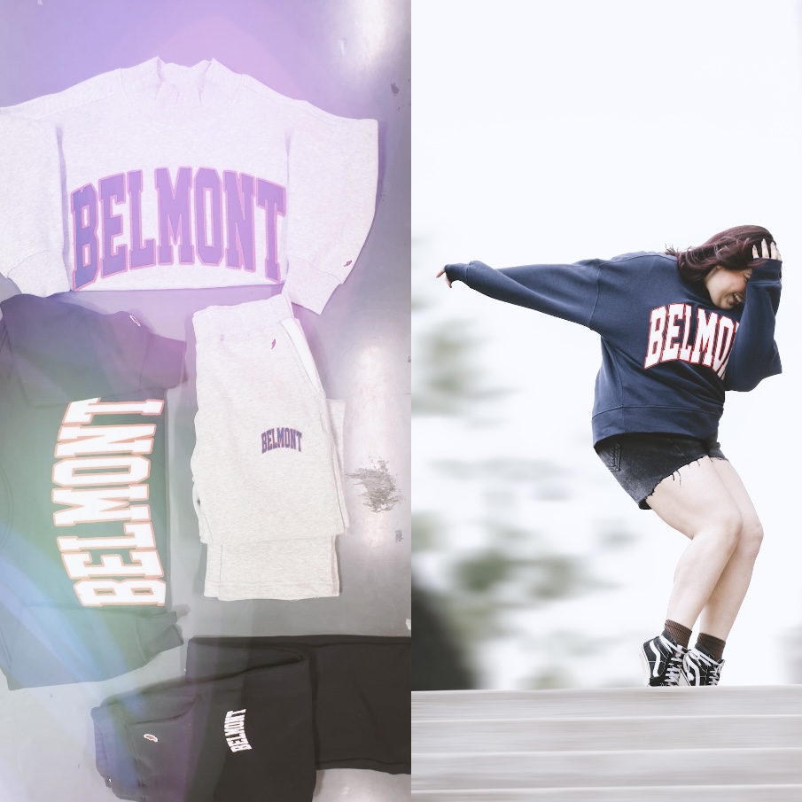 Vertically split photo showing BruinShop mockneck sweatshirts on the left and a girl wearing one on the right. Click here to view Instagram post