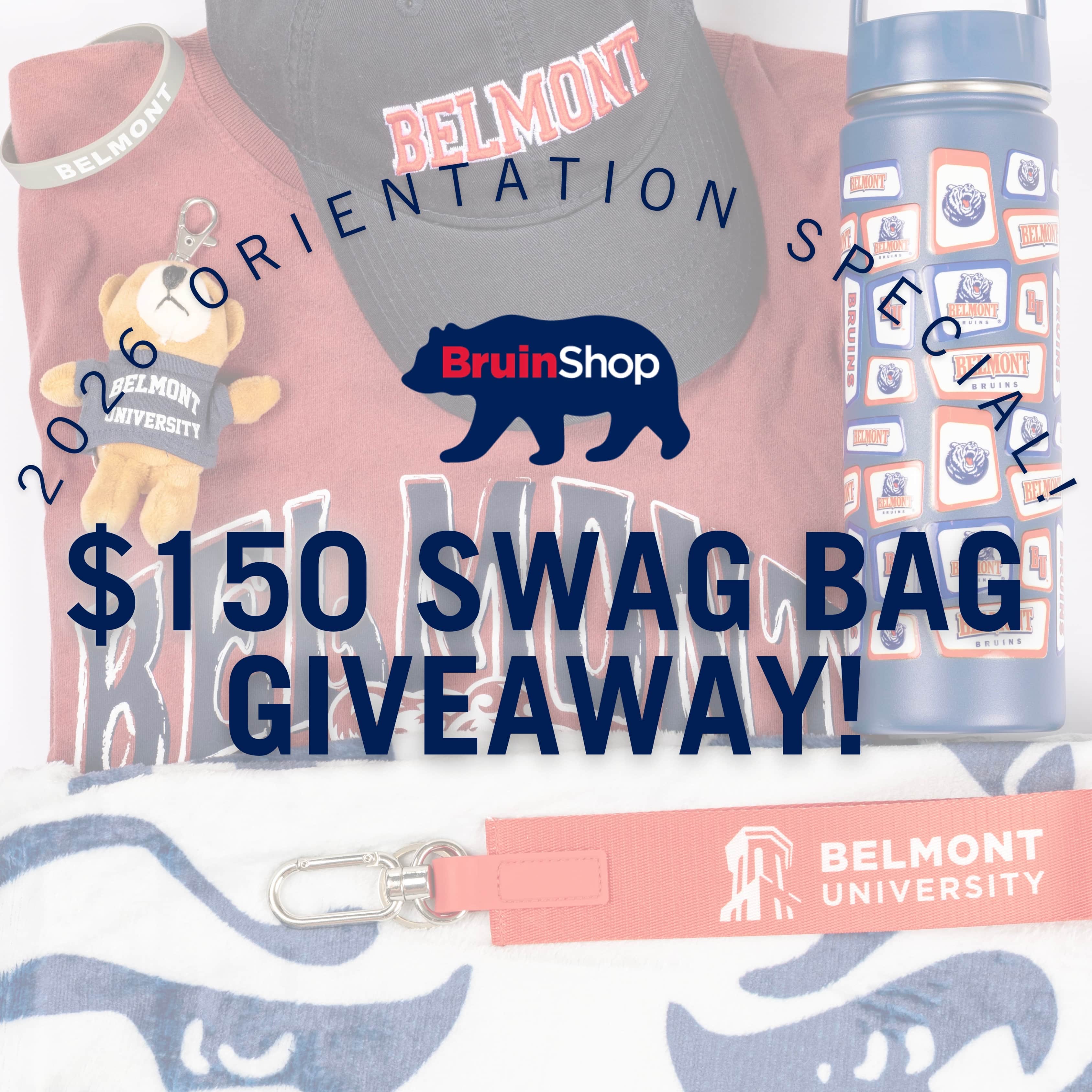 Belmont orientation flyer advertising a $150 BruinShop swag bad giveaway. Click here to view Instagram post