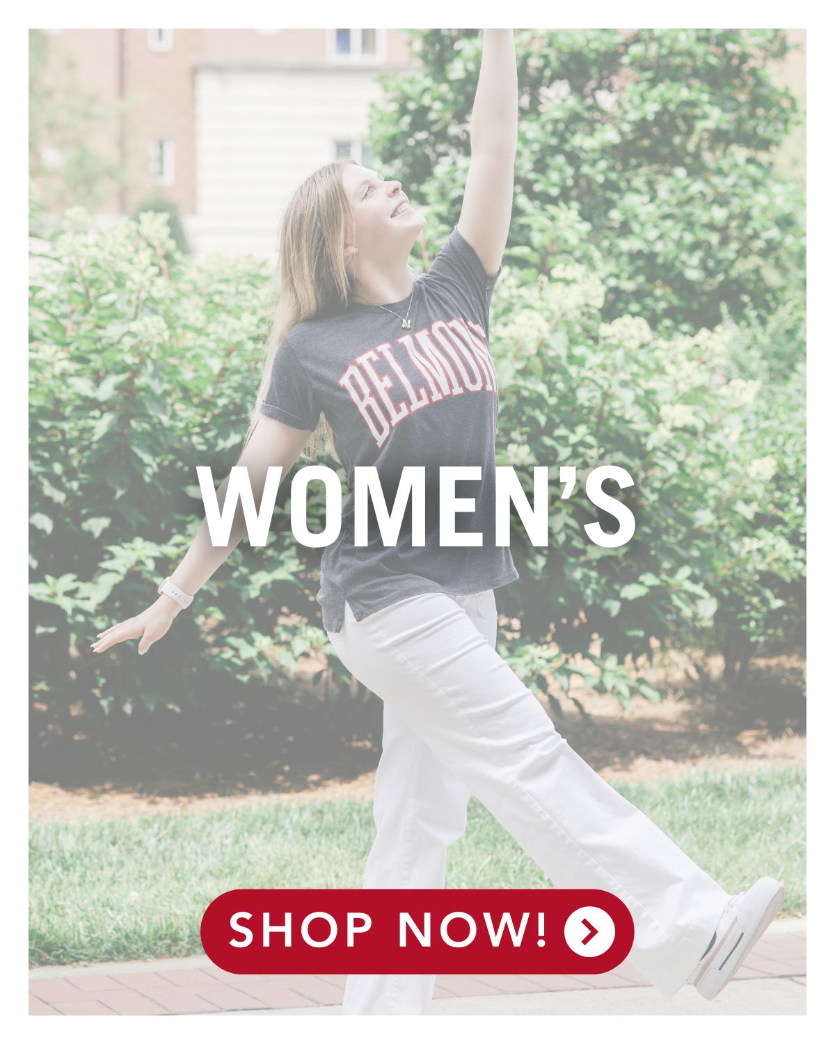 Female Belmont student posing in Belmont garden. Click here to shop all women's apparel
